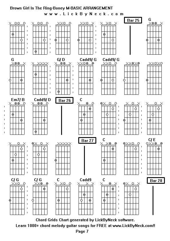 Chord Grids Chart of chord melody fingerstyle guitar song-Brown Girl In The Ring-Boney M-BASIC ARRANGEMENT,generated by LickByNeck software.